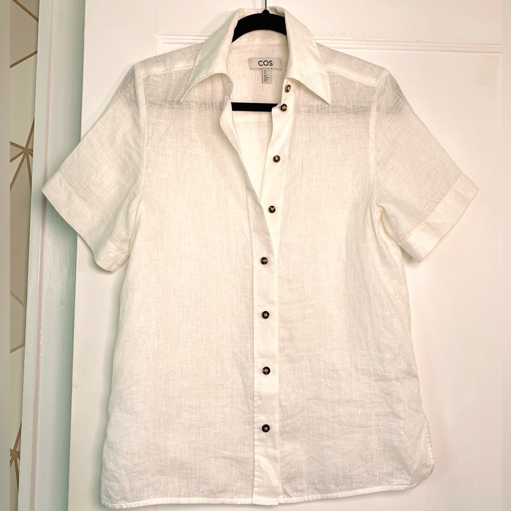 COS Linen Short Sleeve Button Up Blouse Shirt White Basic Natural Small Size 2